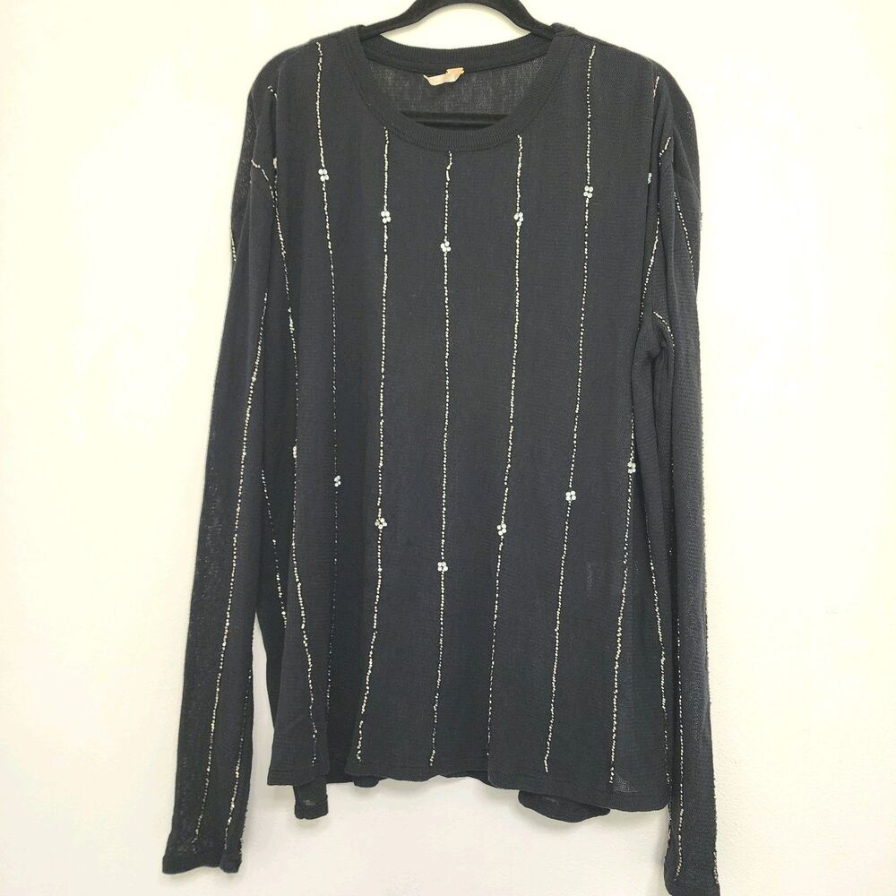 Free People We The Free Woman's Sweater top L Long Sleeve Pullover Black Beaded